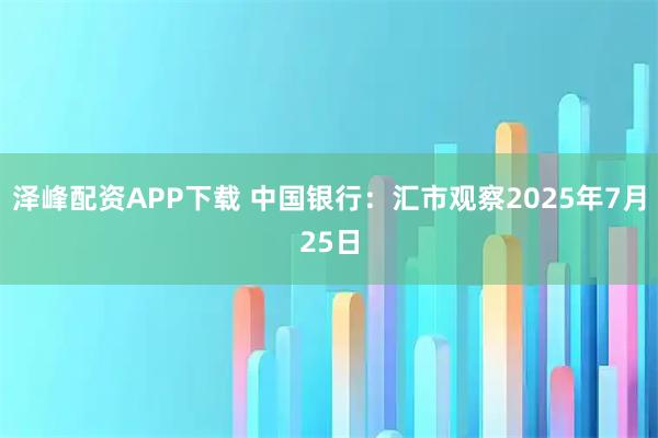 泽峰配资APP下载 中国银行：汇市观察2025年7月25日